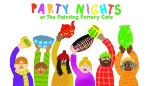 An Animated Image of six dolls having Ceramic Bowls in his hands with the text showing Party Nights at the Painting Pottery Cafe